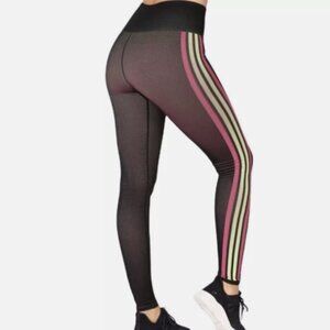 Fabletics High-Waisted Seamless Stripe Leggings | Size L | Black w/ Pink & Green